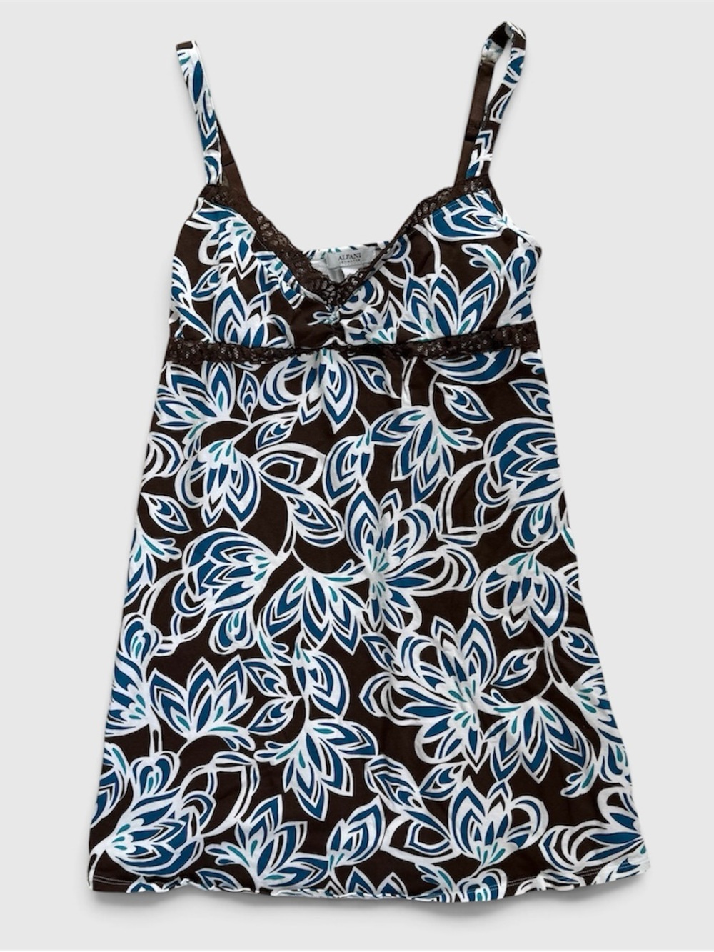 Alfani Y2K Brown Blue Floral Lace Slip Dress Chemise Nightgown Size Medium
